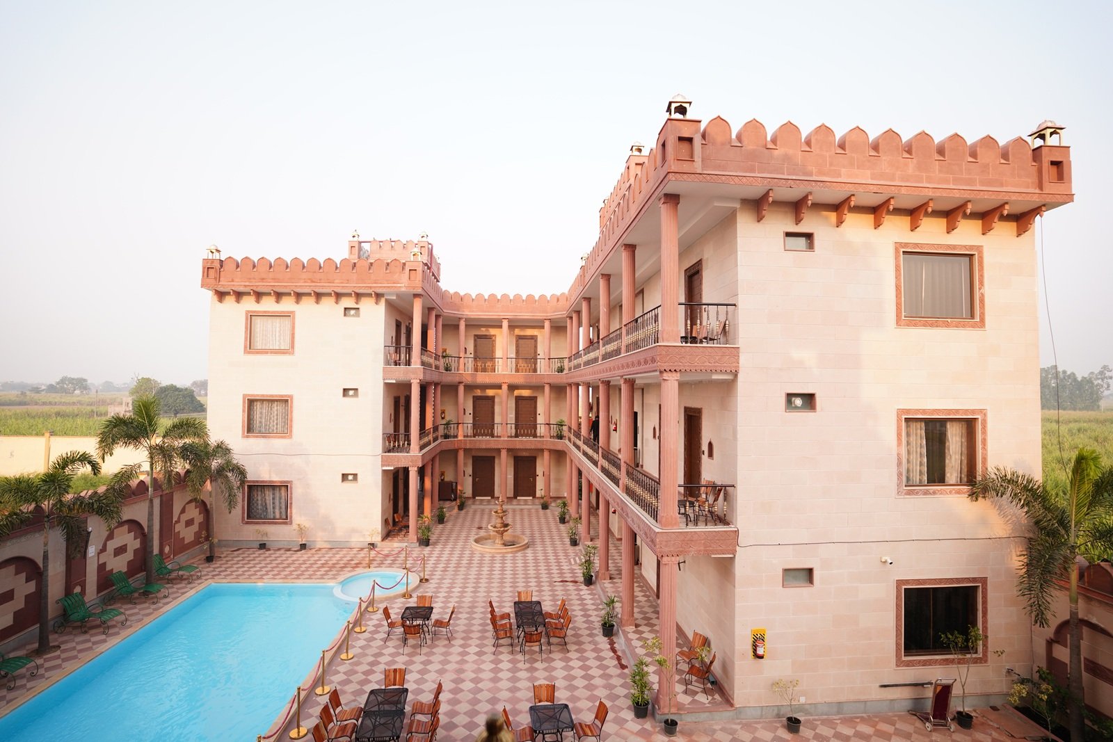 The Fort hotel courtyard and swimming pool from an elevated angle